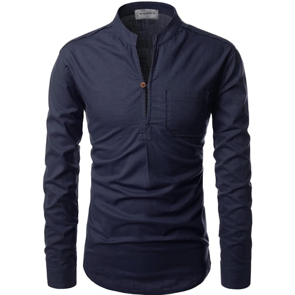 Nearkin Other - NEARKIN Men's Slim Fit Long-Sleeve Linen Banded Collar Henley Shirt L